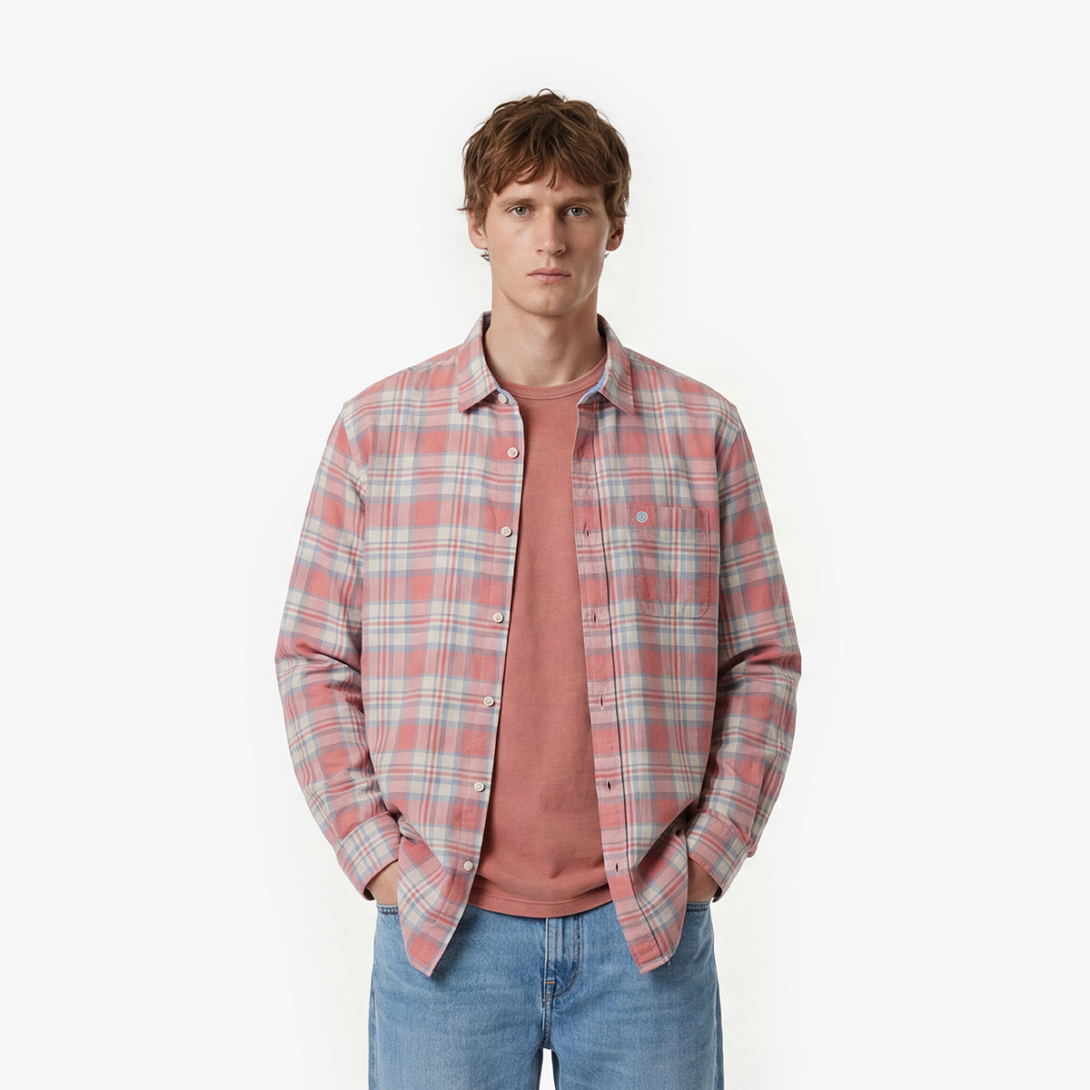 Men's pink cotton checked long-sleeved shirt by SERGE BLANCO