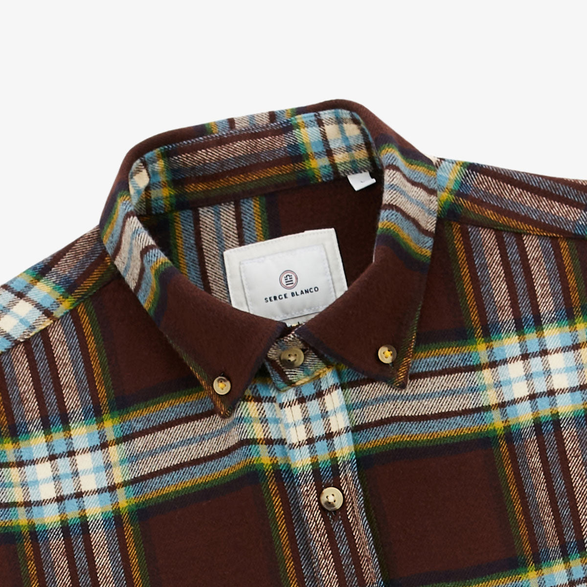 Clark Men's Brown Checkered Cotton Flannel Long Sleeve Shirt with Chest Pocket SERGE BLANCO