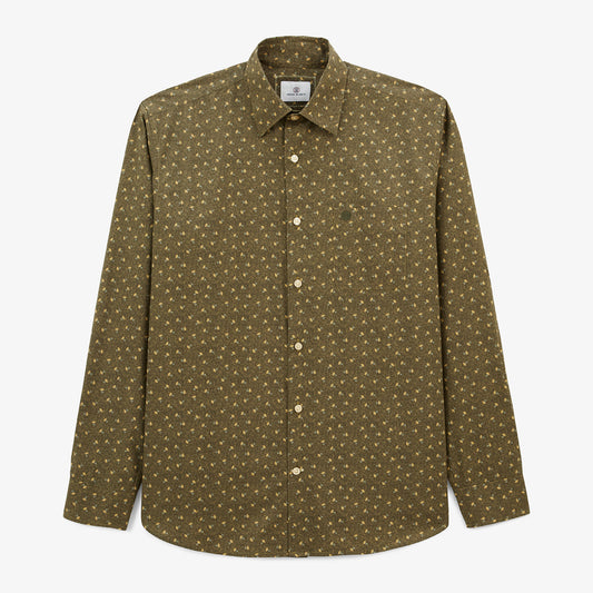 Long-sleeved cotton shirt with floral print in English green, chest pocket, Charles Men's SERGE BLANCO
