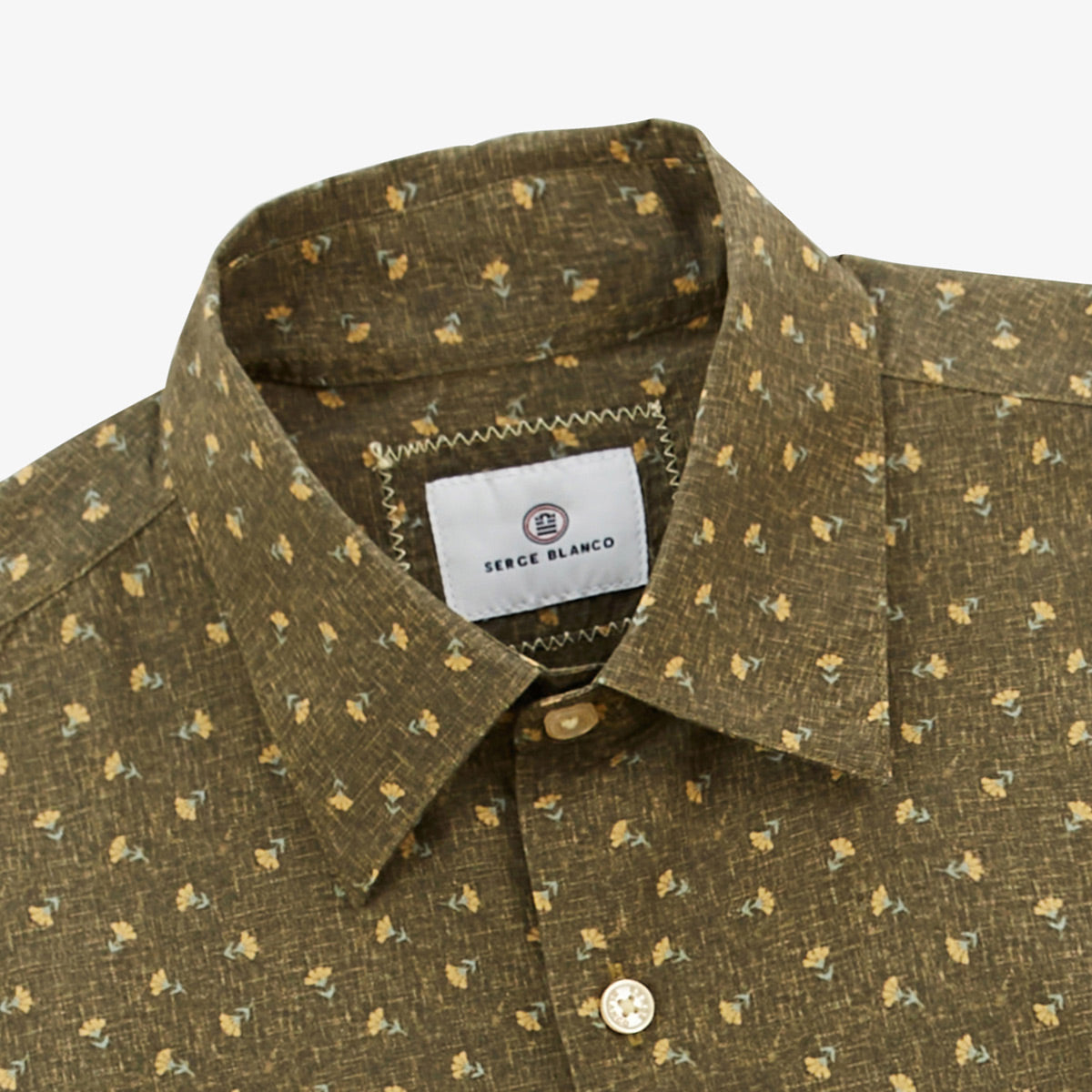Long-sleeved cotton shirt with floral print in English green, chest pocket, Charles Men's SERGE BLANCO
