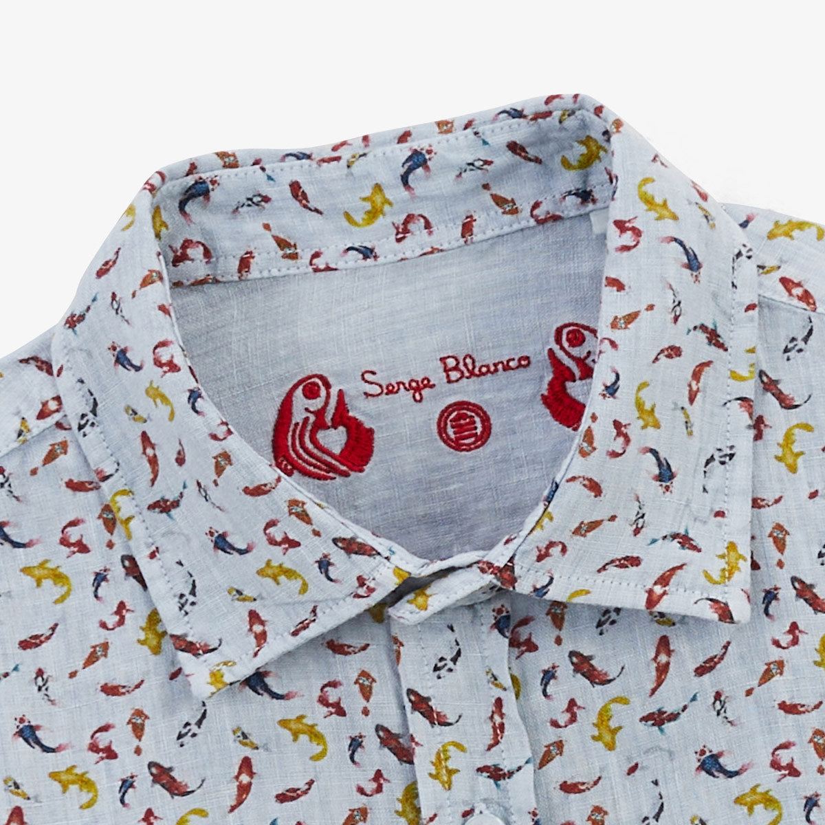 Men's long-sleeved linen shirt with sky blue koi carp print by SERGE BLANCO