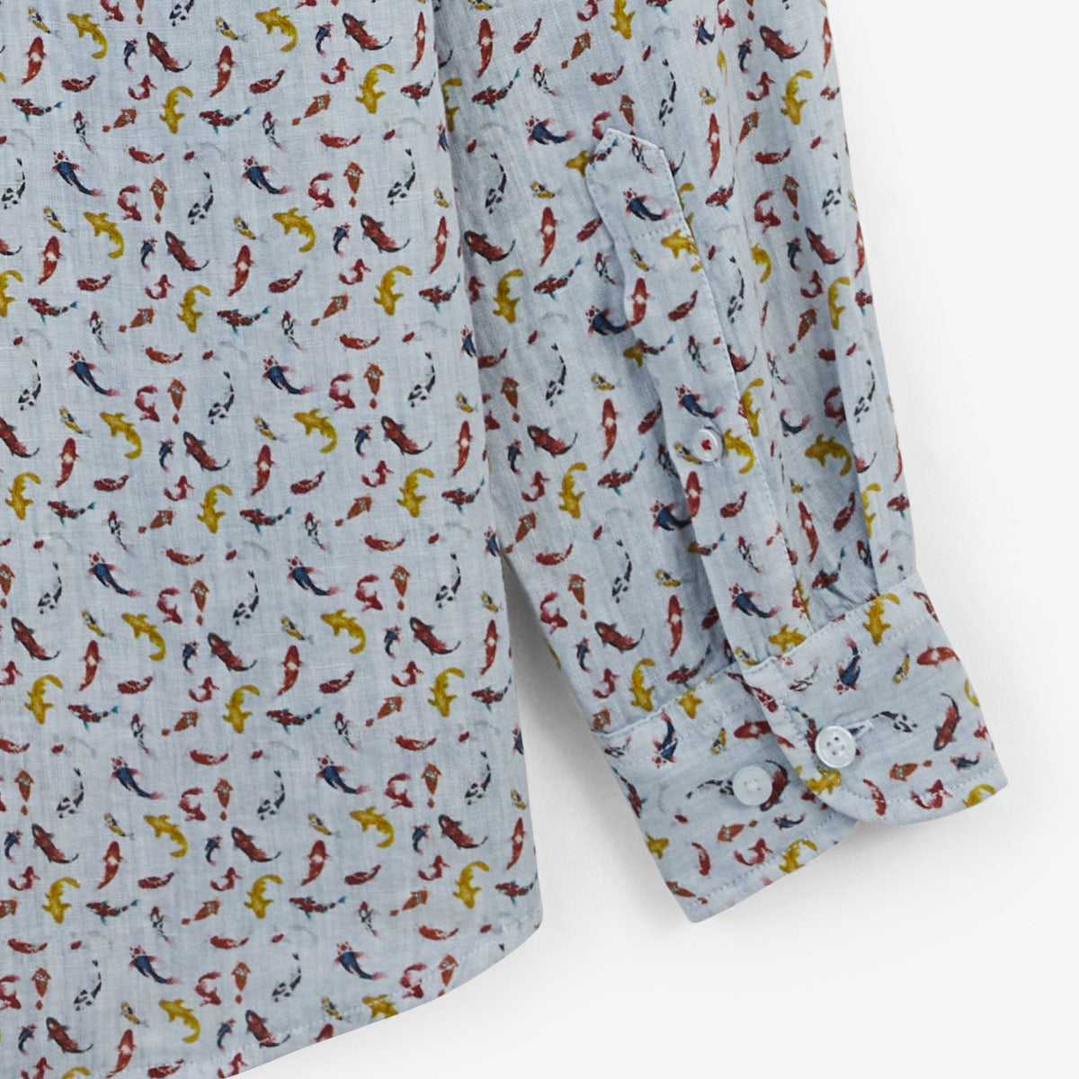 Men's long-sleeved linen shirt with sky blue koi carp print by SERGE BLANCO