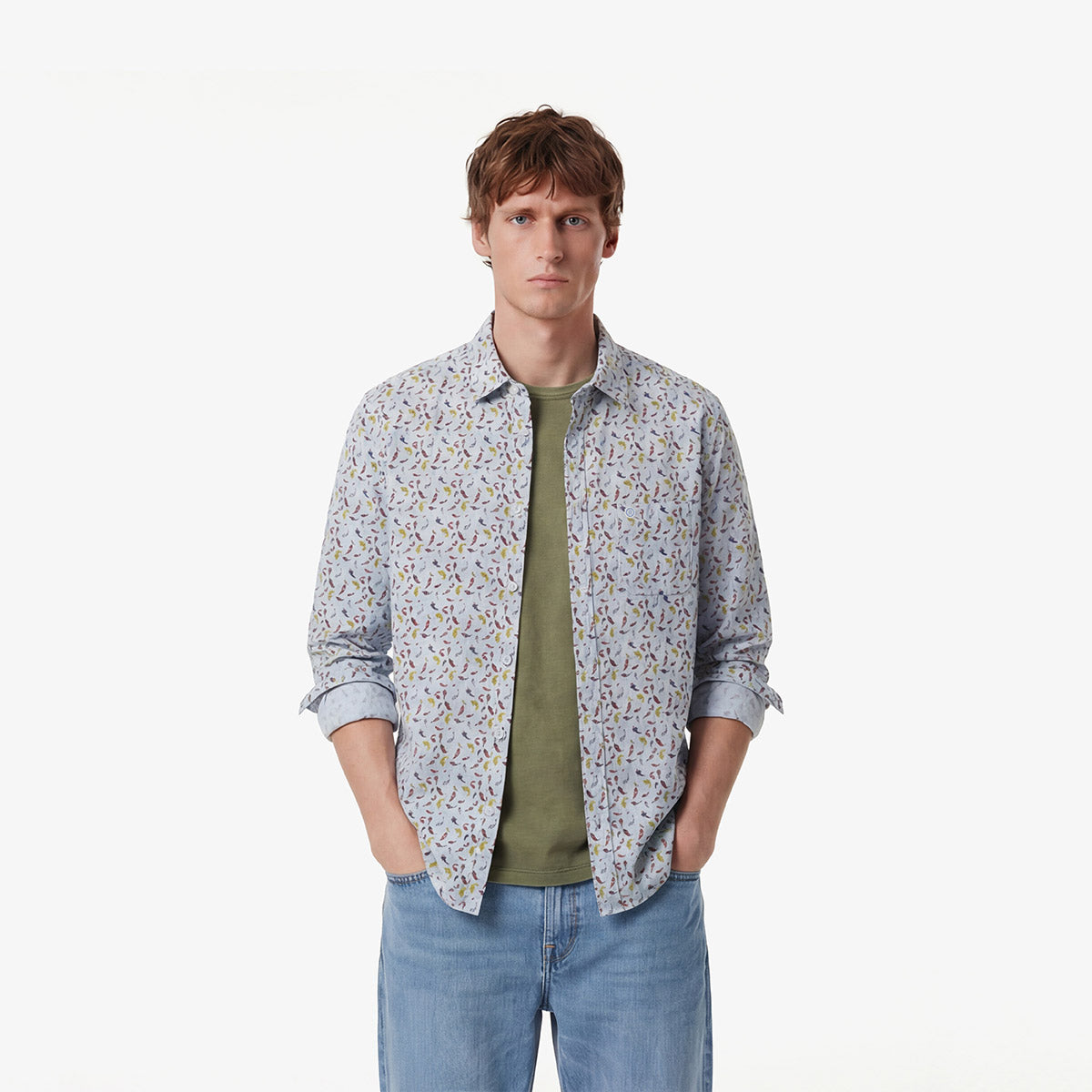 Men's long-sleeved linen shirt with sky blue koi carp print by SERGE BLANCO