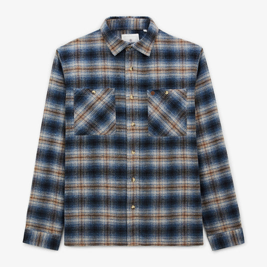 Clovis Men's Blue Brushed Flannel Check Long-Sleeved Shirt with Double Chest Pockets SERGE BLANCO