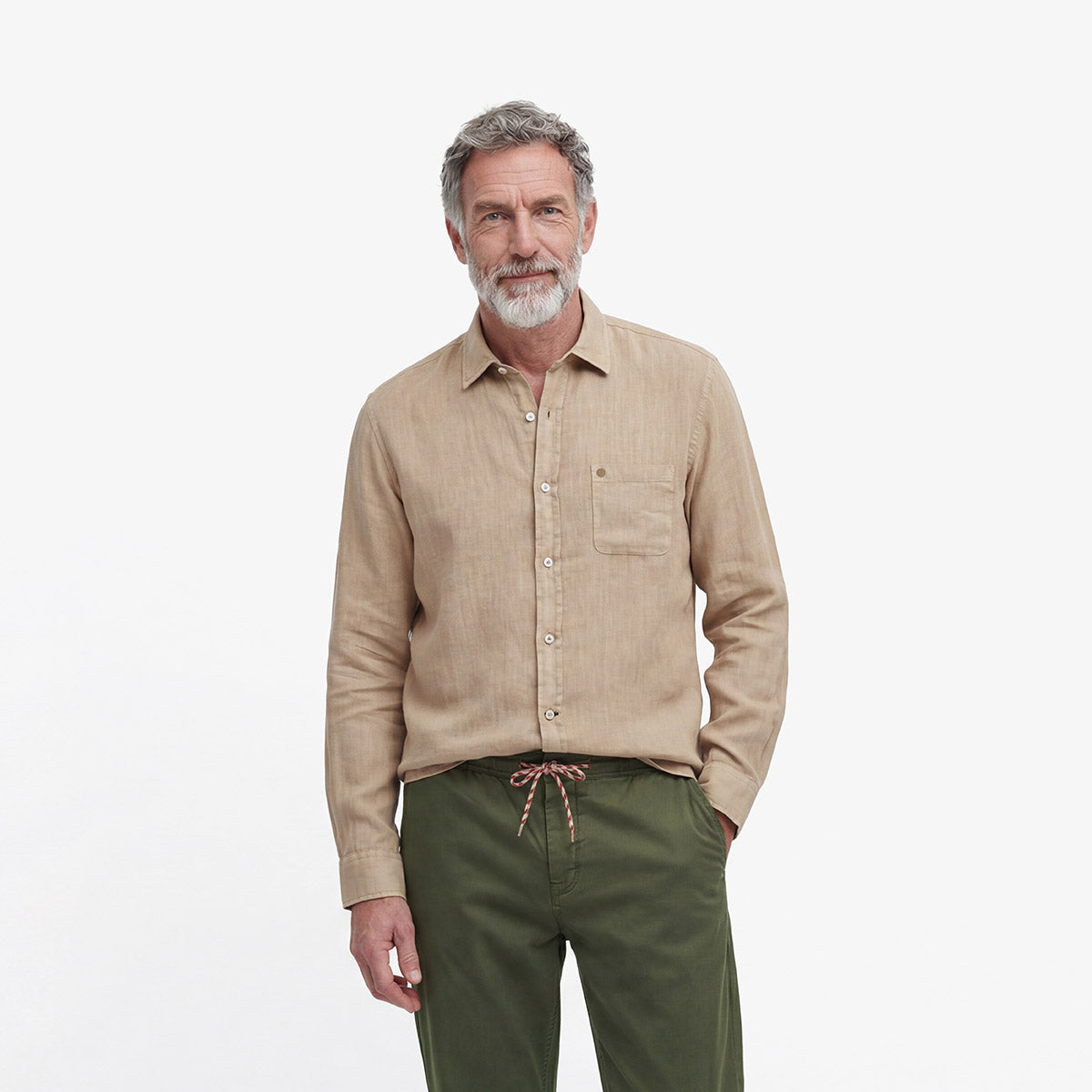 Plain long-sleeved shirt in oat brown linen MEN SERGE BLANCO