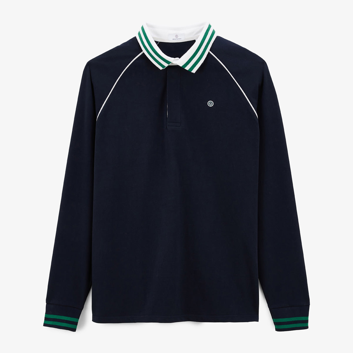 Men's Navy Blue Long Sleeve Rugby Shirt with Piped Collar SERGE BLANCO