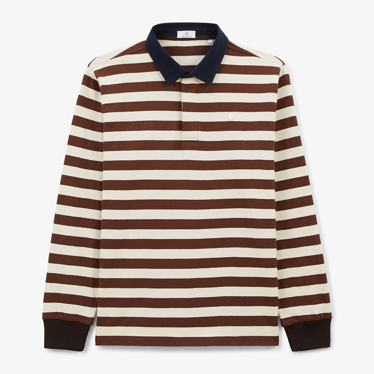 Men's Long-Sleeved Striped Cotton Rugby Shirt in Shitake Brown by SERGE BLANCO