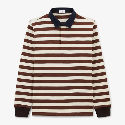 Men's Long-Sleeved Striped Cotton Rugby Shirt in Shitake Brown by SERGE BLANCO
