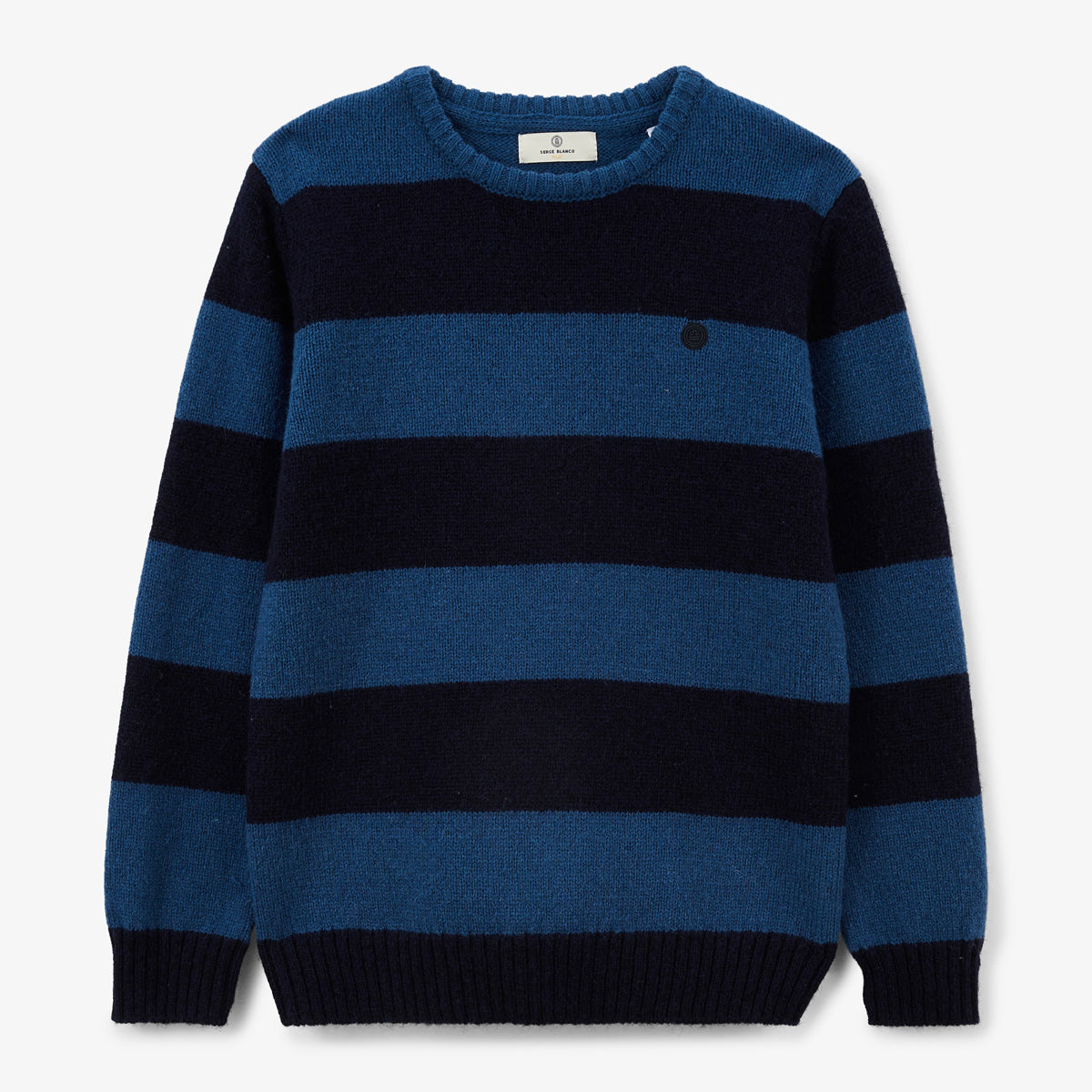 Junior Round Neck Wool Sweater in Dark Navy Blue Stripes Musa SERGE BLANCO