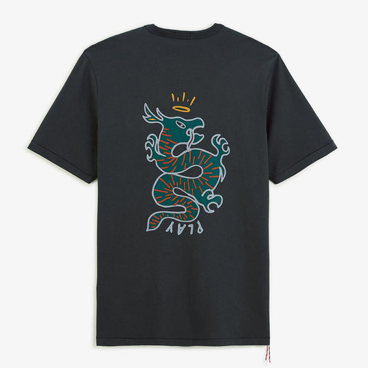 Men's Carbon Gray Cotton Round Neck T-Shirt with Dragon Print on the Back SERGE BLANCO
