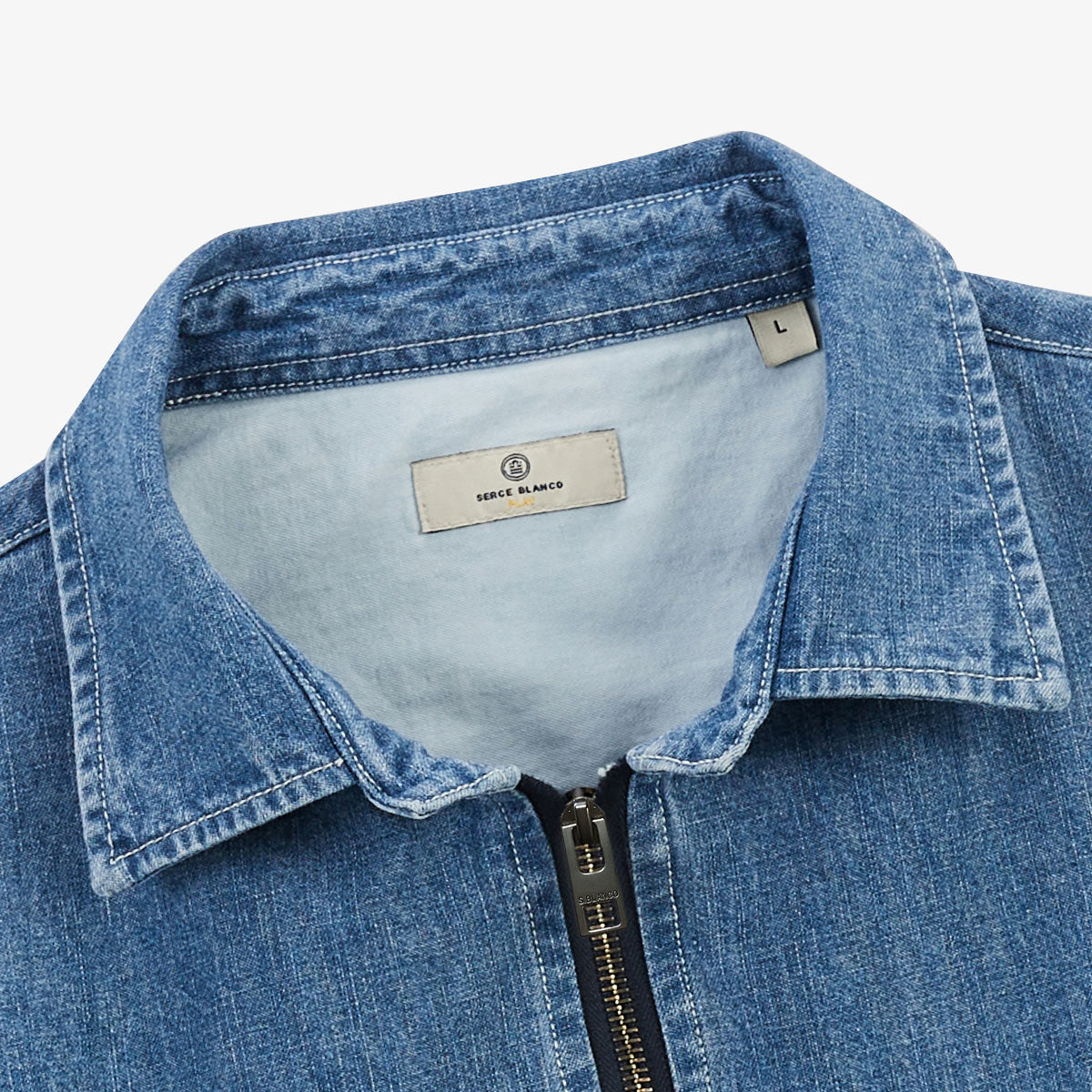 Men's blue denim cotton zip-up shirt jacket by Serge Blanco