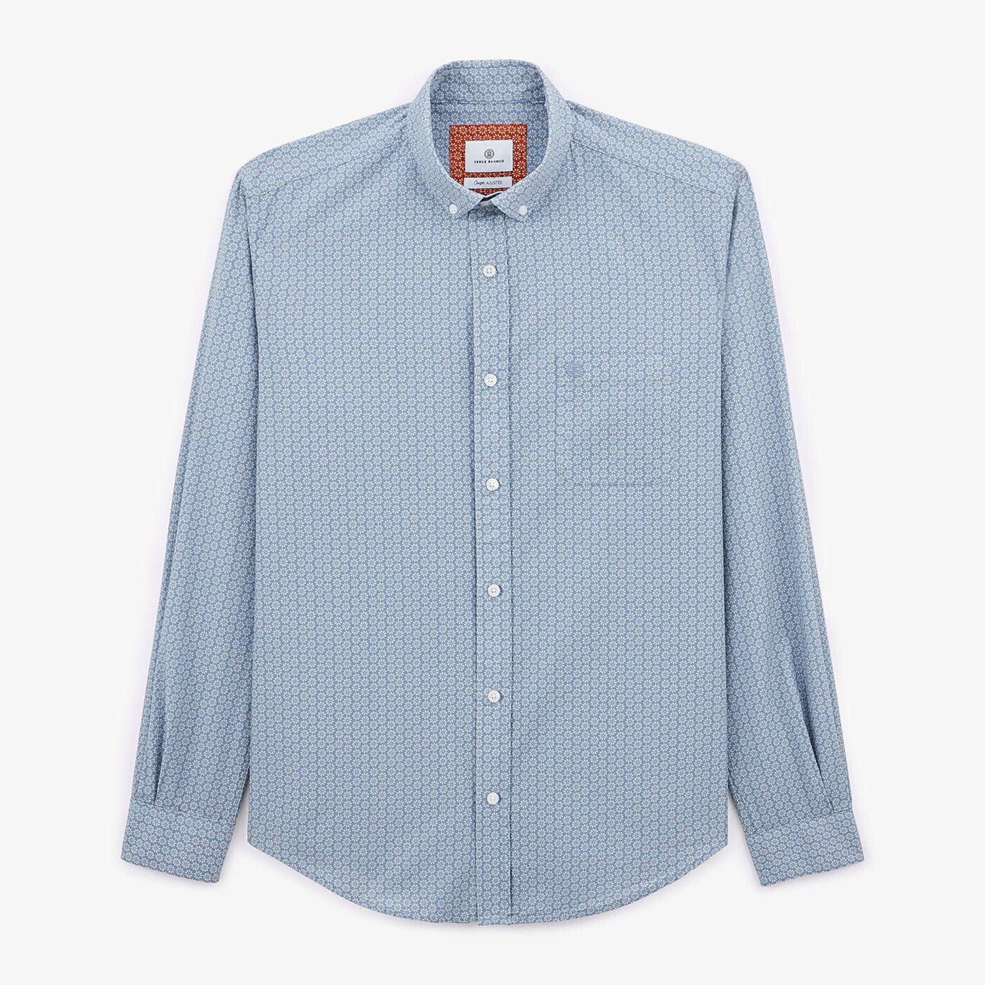 Camisa estampada con motivos florales azul pacífico de manga larga en algodón