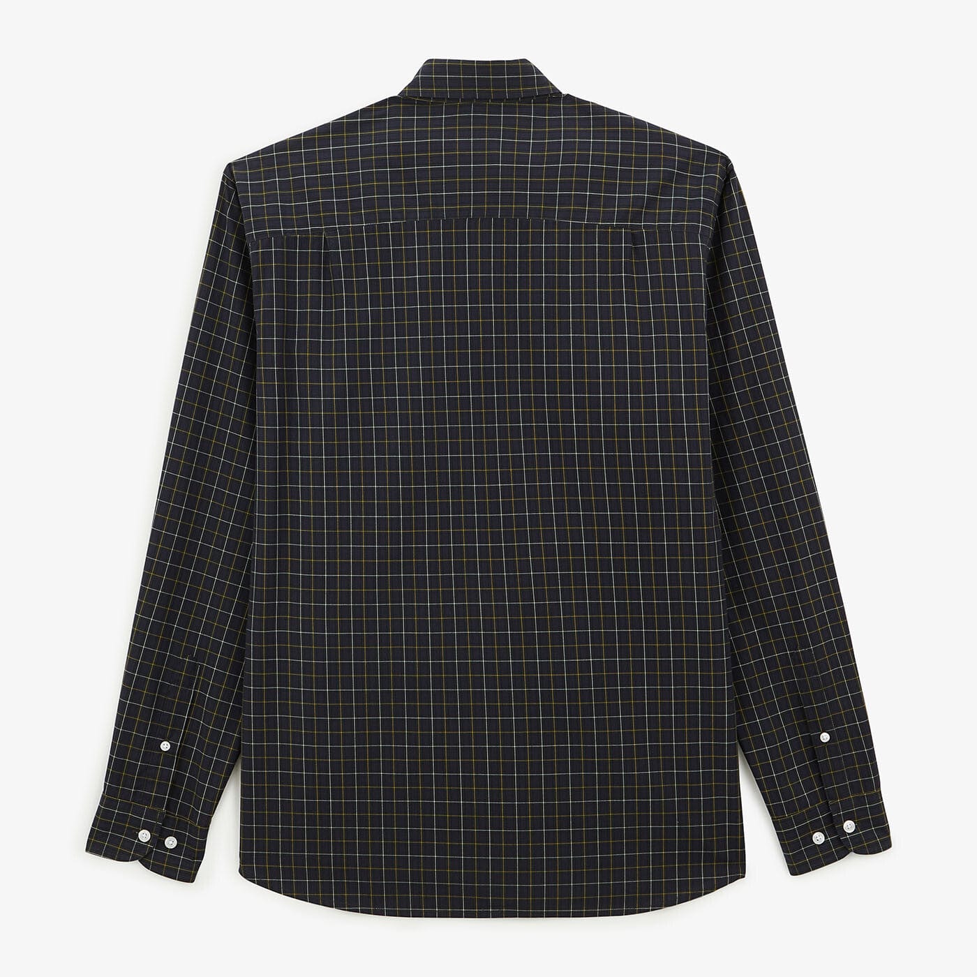 Camisa azul oscuro de manga larga con tejido a cuadros