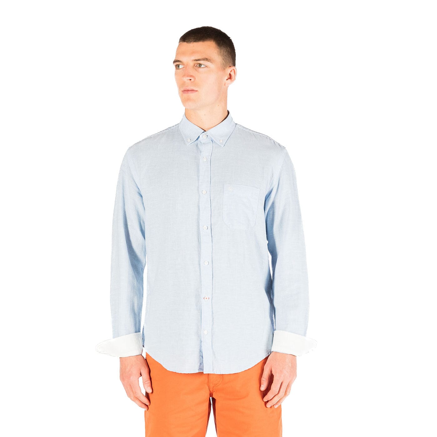 Camisa regular azul cielo de tejido de lino y algodón