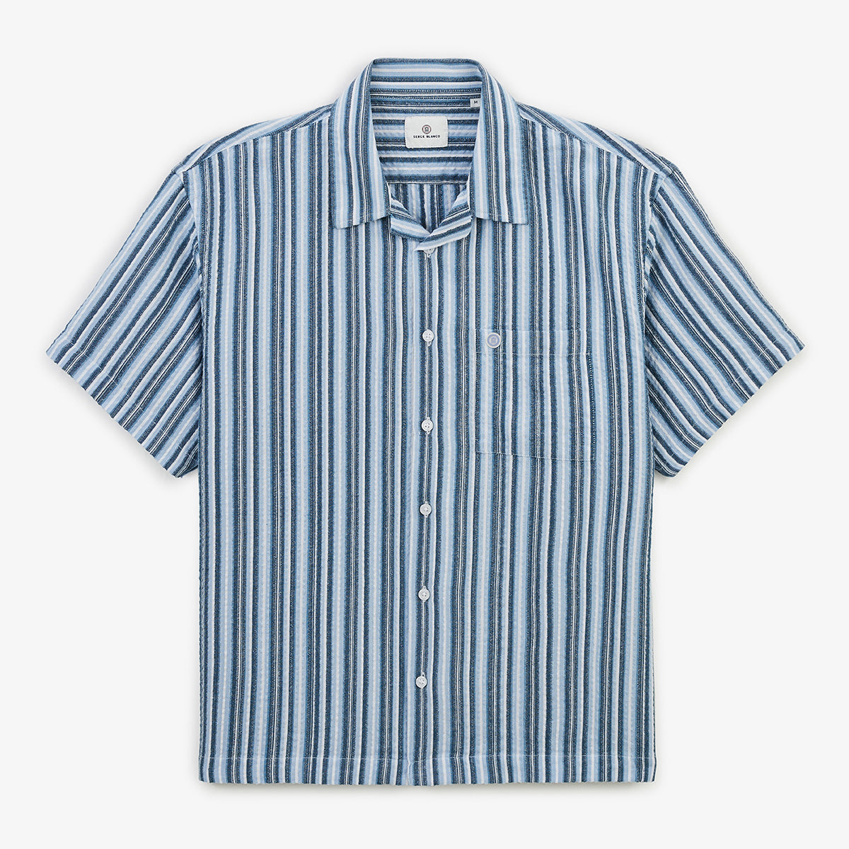 Camisa de manga corta de algodón Caracas a rayas azul marino HOMBRE SERGE BLANCO