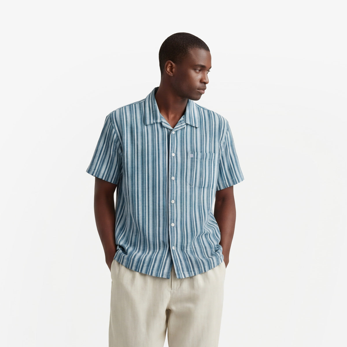 Camisa de manga corta de algodón Caracas a rayas azul marino HOMBRE SERGE BLANCO