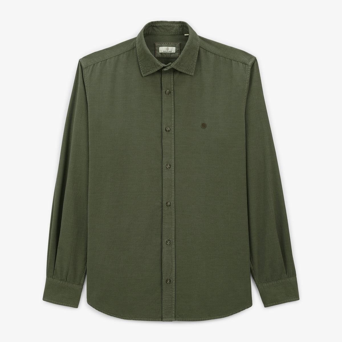Camisa Charles de terciopelo con mangas largas verde caqui para hombre, sarga blanco