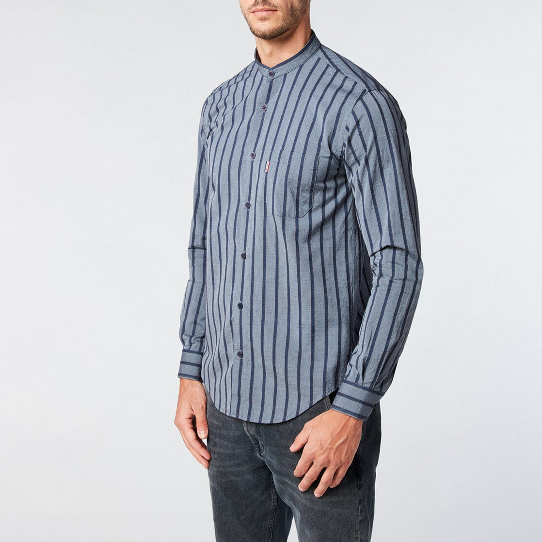 Camisa de hombre a rayas, corte ajustado, de algodón azul, hombre, sarga blanco