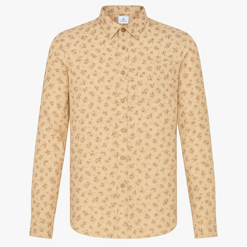 Camisa estampada con flores vintage amarillas, corte ajustado, de algodón.