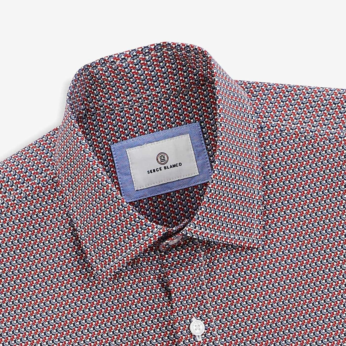 Camisa estampada geométrica roja de algodón para hombre, sarga blanca