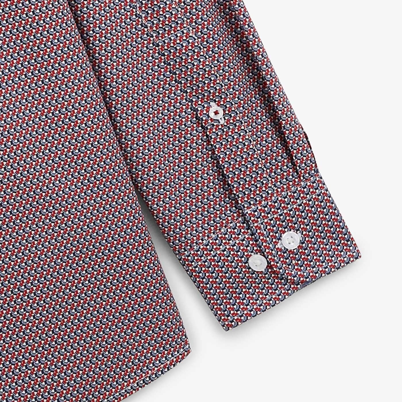 Camisa estampada geométrica roja de algodón para hombre, sarga blanca