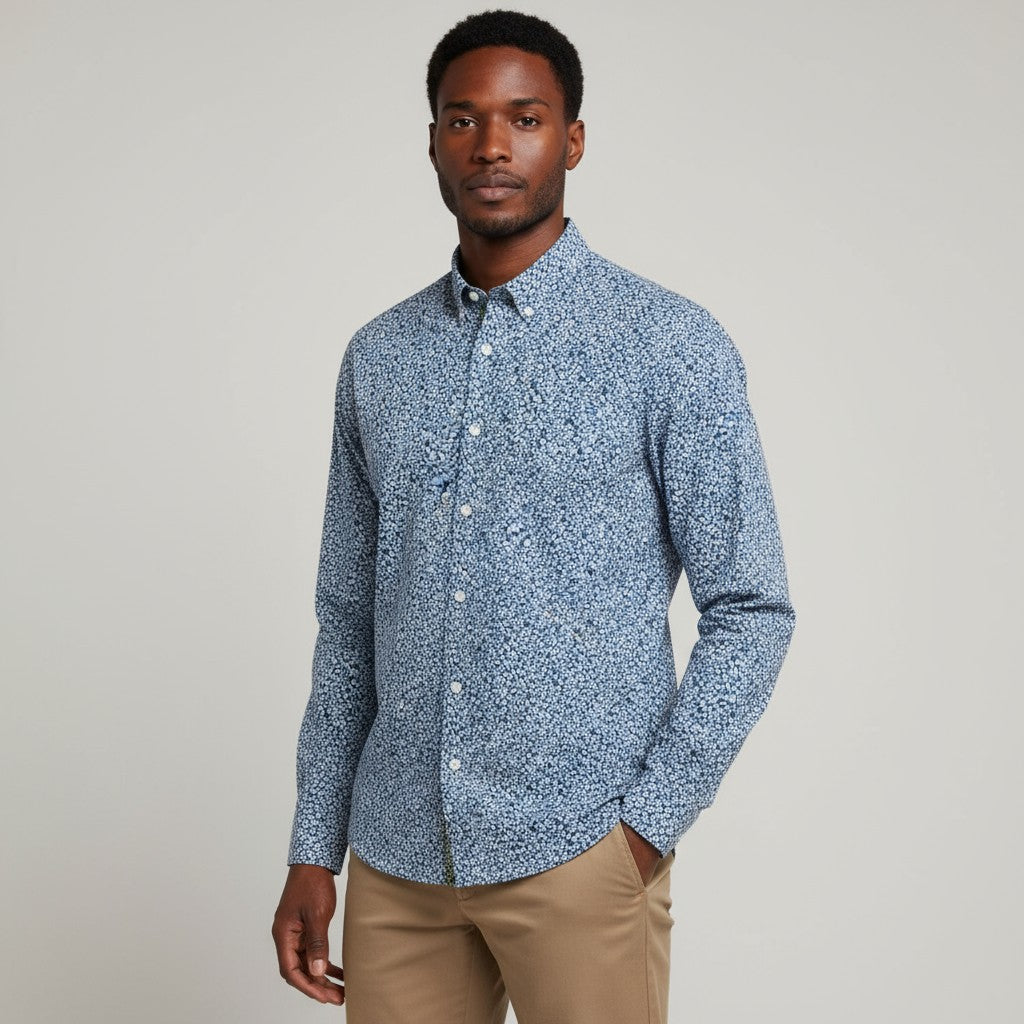 Camisa estampada floral azul océano de manga larga de algodón