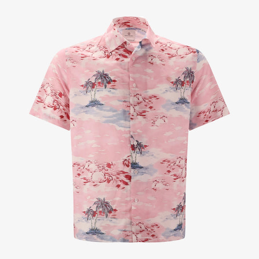 Camisa de manga corta rosa con estampado de palmeras, de algodón, para hombre, sarga, blanco.