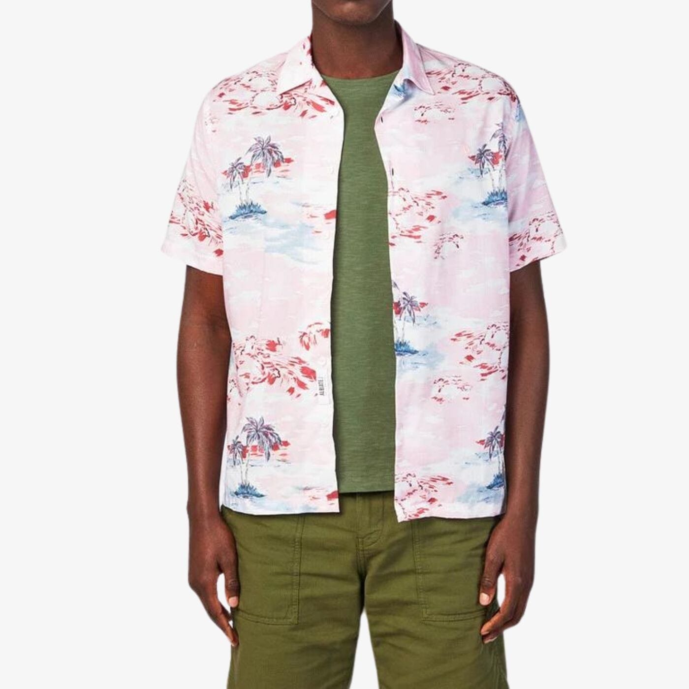 Camisa de manga corta rosa con estampado de palmeras, de algodón, para hombre, sarga, blanco.