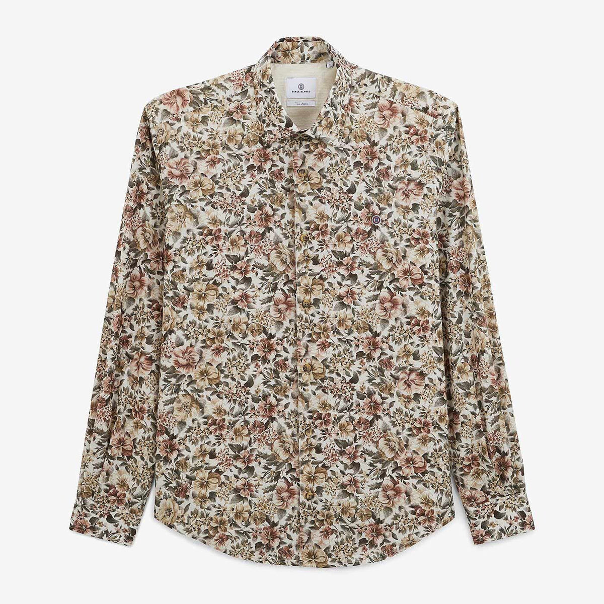 Camisa de manga larga con estampado floral verde militar de algodón para hombre SERGE BLANCO