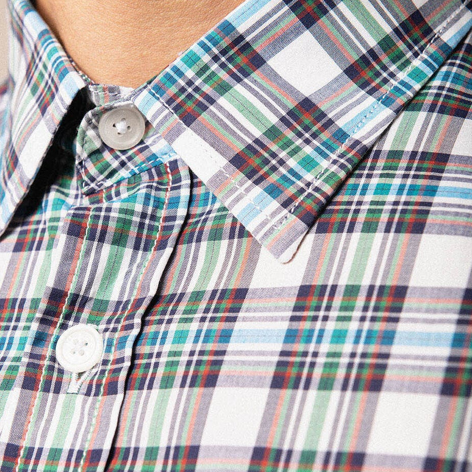 Camisa de manga larga a cuadros de algodón verde degradado para hombre, sarga blanco