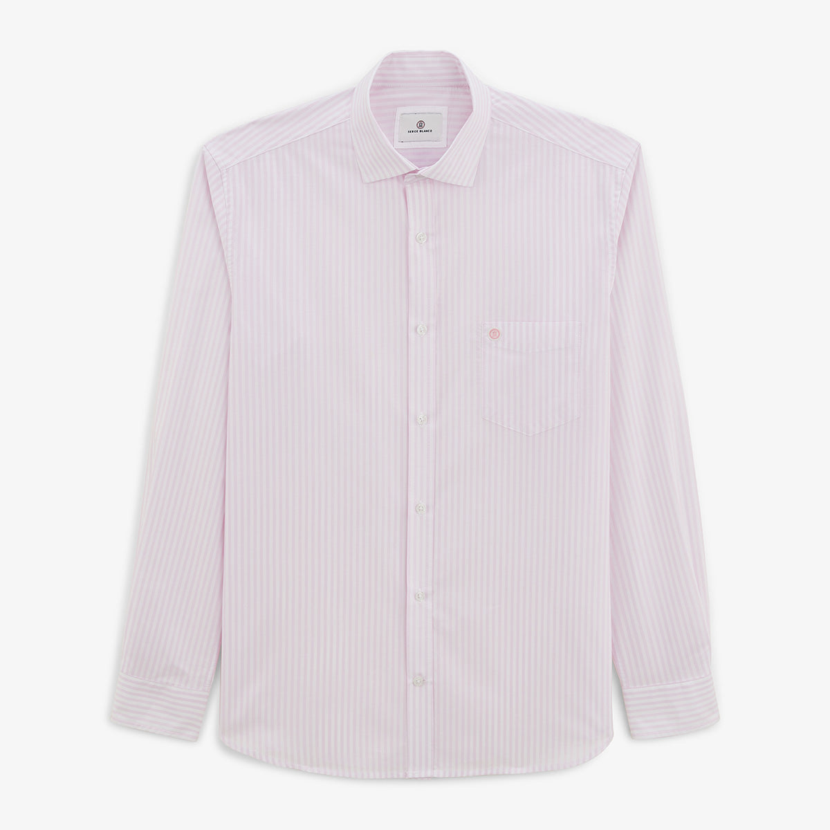 Camisa de manga larga de algodón a rayas rosa lila para hombre, sarga blanca.
