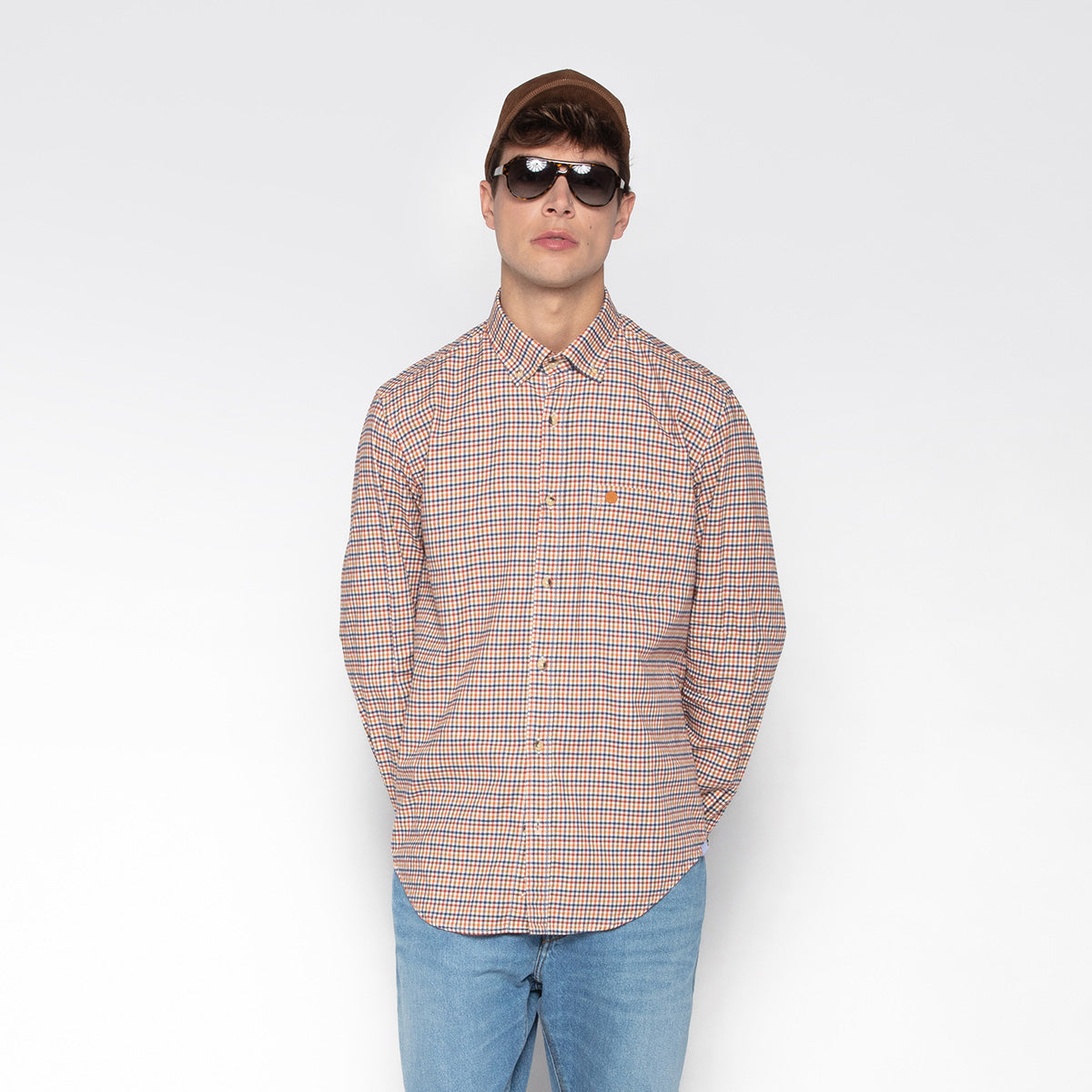 Camisa de manga larga en sarga con pequeños cuadros cobre Charles Hombre SERGE BLANCO