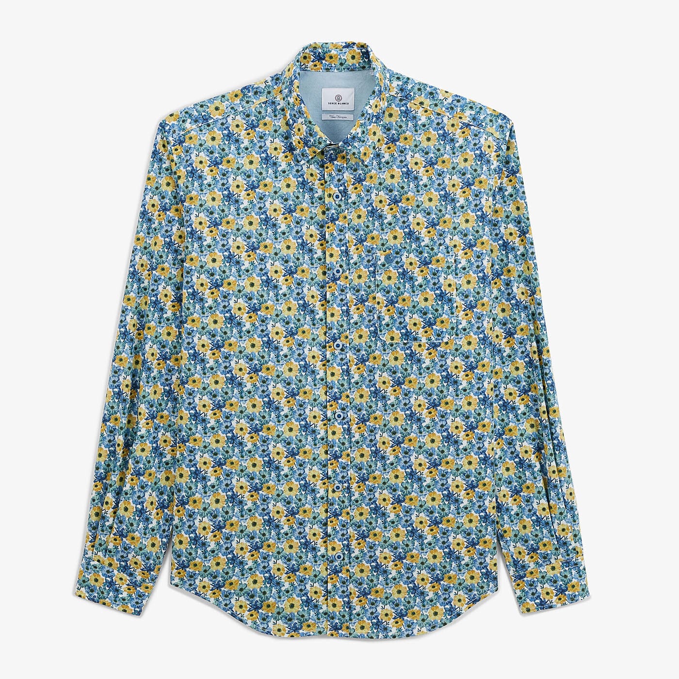 Camisa regular azul aviador con estampado de acianos para hombre, sarga blanca