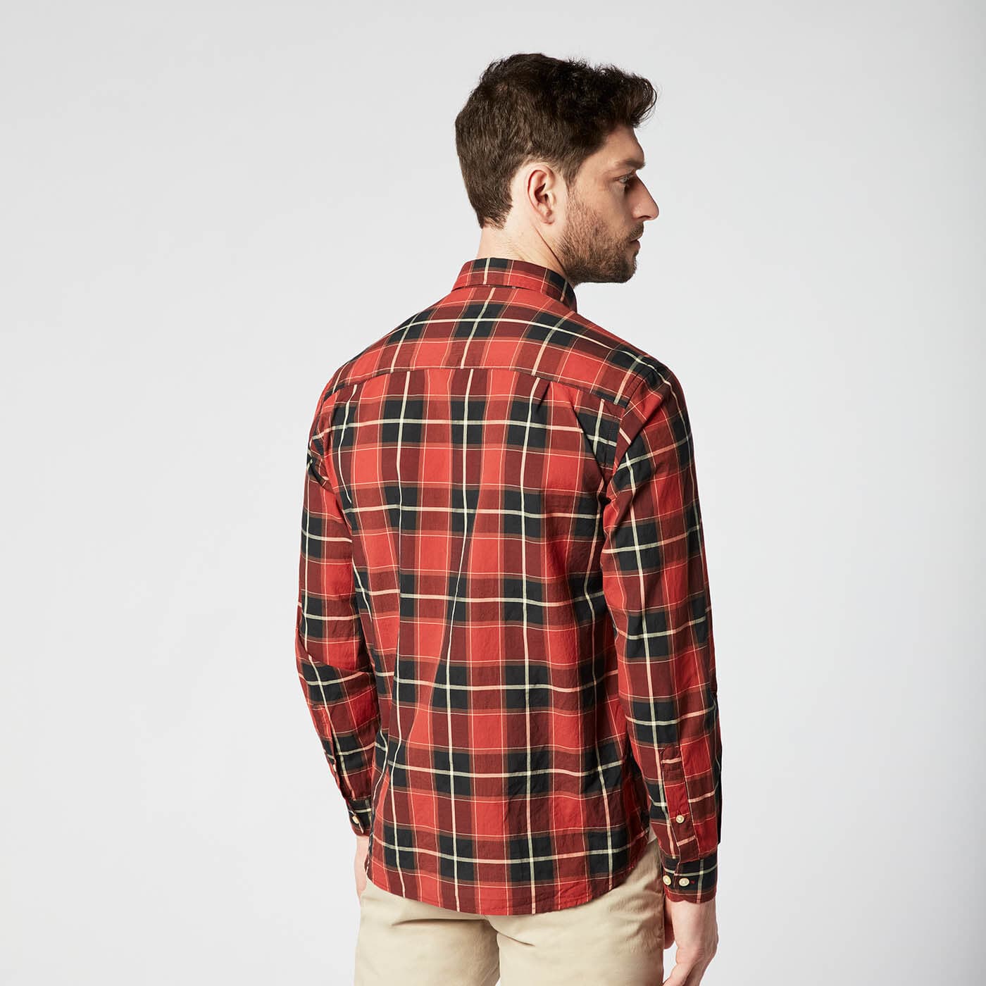 Camisa roja a cuadros de manga larga de algodón para hombre, sarga blanco