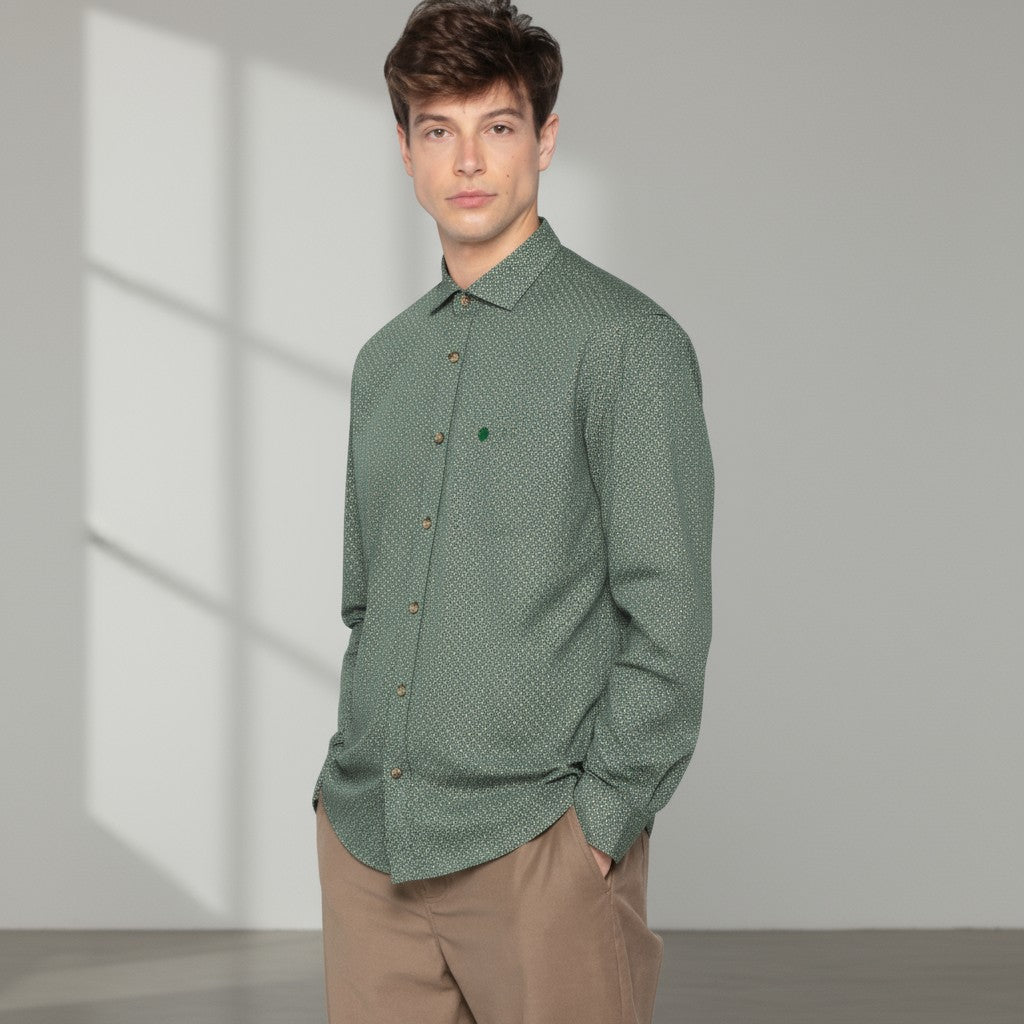 Camisa verde oliva de manga larga con estampado geométrico para hombre, sarga blanca. 