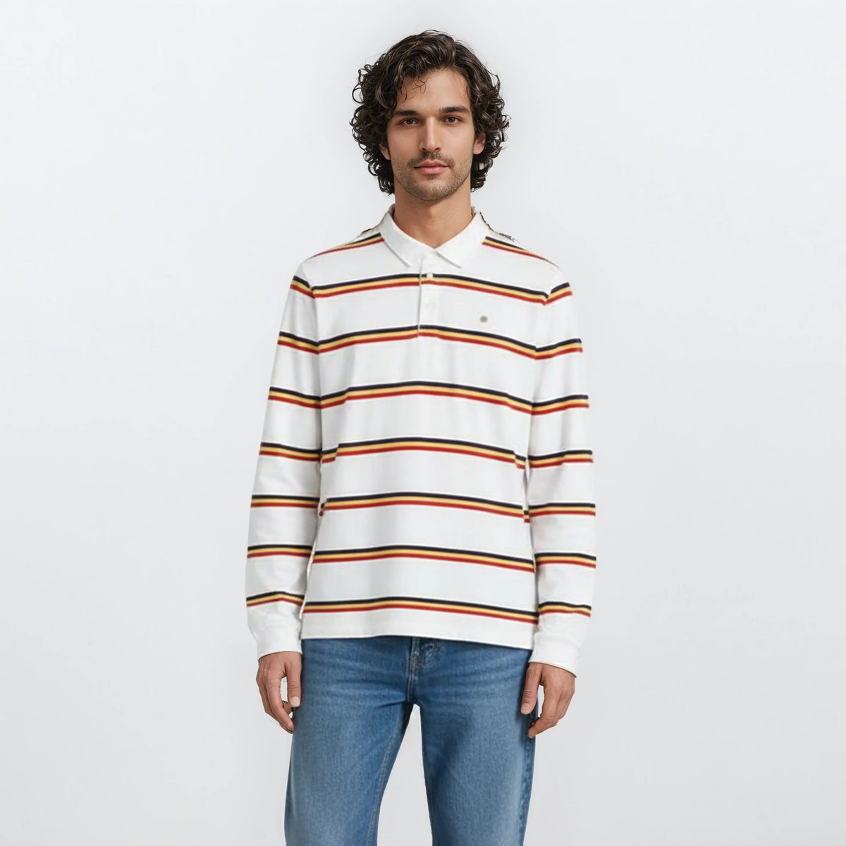 Camiseta de rugby de manga larga Landen blanca a rayas de algodón para hombre serge blanco