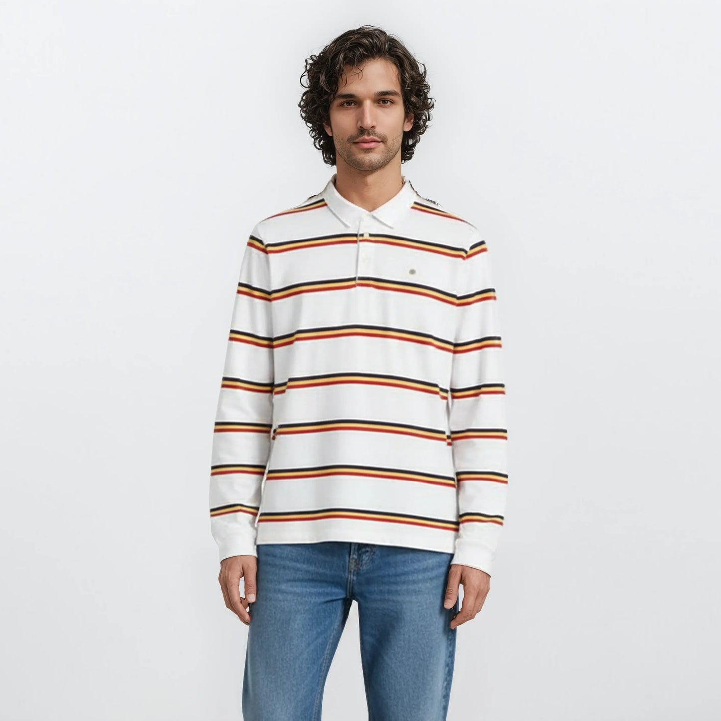 Camiseta de rugby de manga larga Landen blanca a rayas de algodón para hombre serge blanco