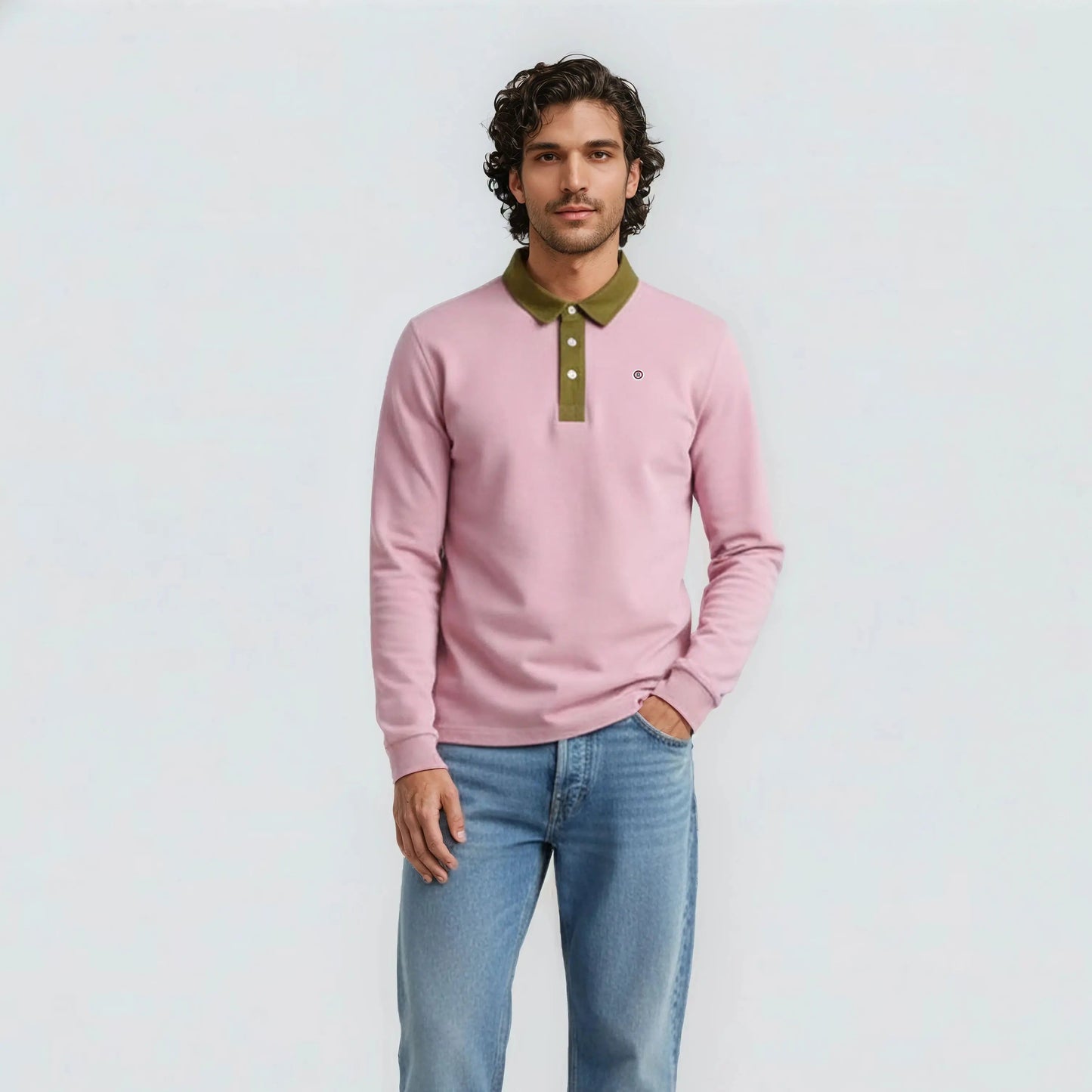 Polo de manga larga de algodón jersey rosa para hombre serge blanco