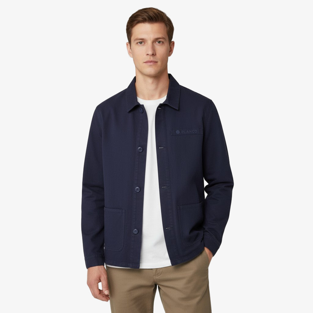 Chaqueta de trabajo Wendel de algodón azul marino para hombre, sarga blanco