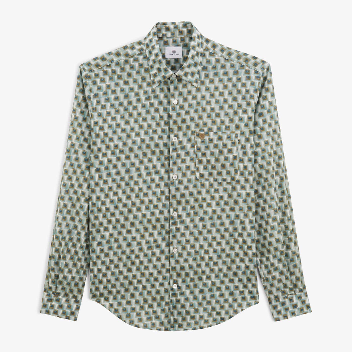 Camisa Charles de manga larga en algodón color almendra con motivos cuadrados para hombre SERGE BLANCO