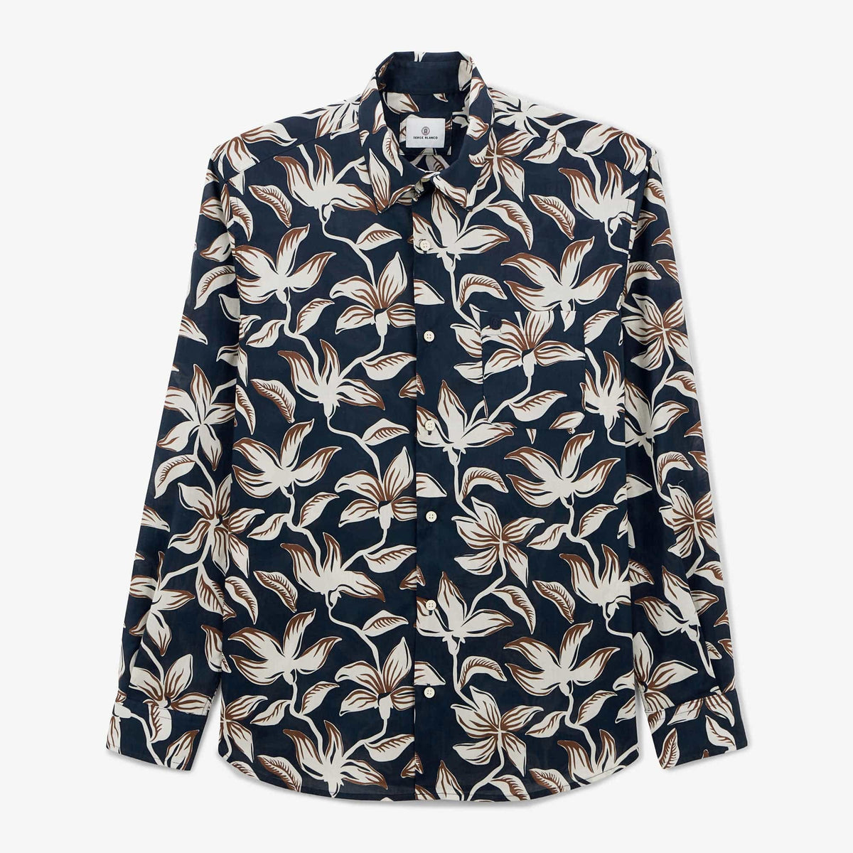 Camisa Charles de manga larga de algodón azul marino oscuro con motivos de hibisco para hombre SERGE BLANCO