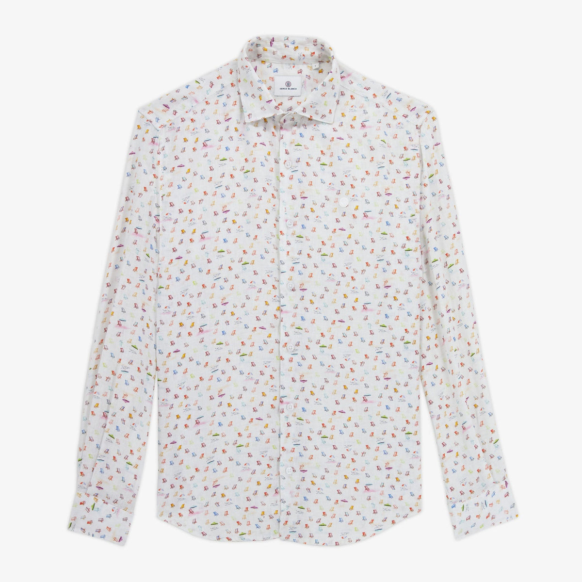 Camisa Charles de manga larga en lino blanco con motivos Summer para hombre SERGE BLANCO