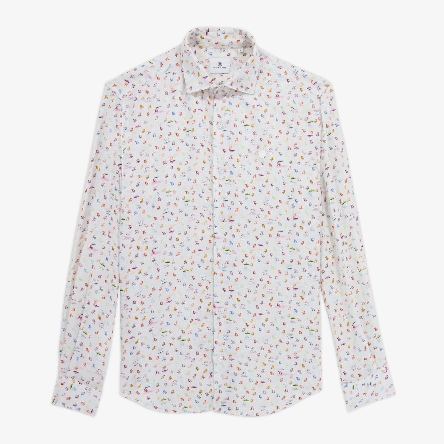 Camisa Charles de manga larga en lino blanco con motivos Summer para hombre SERGE BLANCO