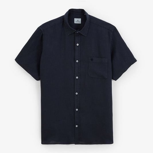 Camisa de manga corta lisa de lino azul marino con bolsillo en el pecho para hombre SERGE BLANCO