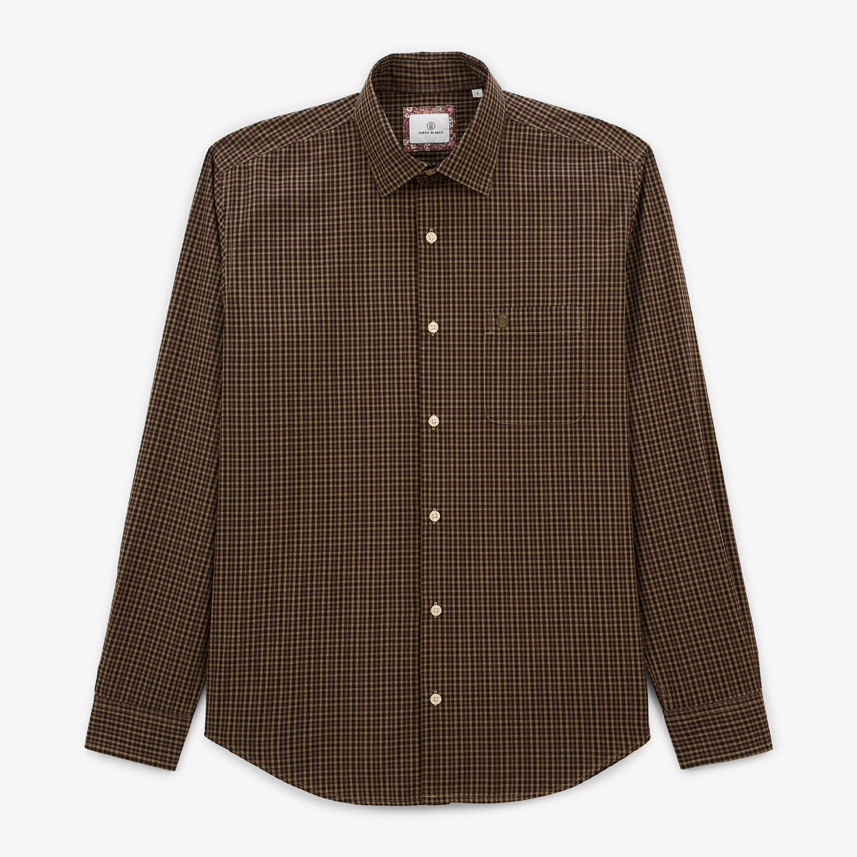 Camisa de manga larga de algodón con pequeños cuadros azul marino Charles Homme SERGE BLANCO