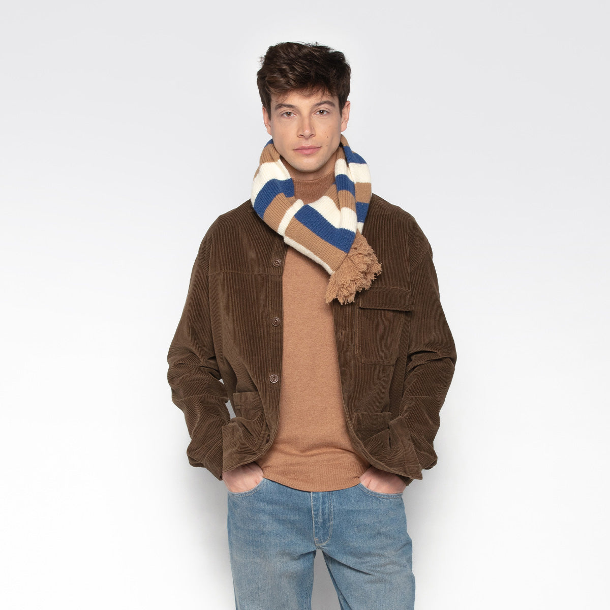 Bufanda a rayas azul, marfil y avellana para hombre SERGE BLANCO