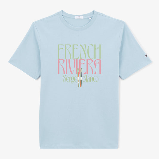 Léine T gearr-mhuinchilleach, muineál cruinn, Riviera na Fraince Toumani, gorm spéir, fir, SERGE BLANCO