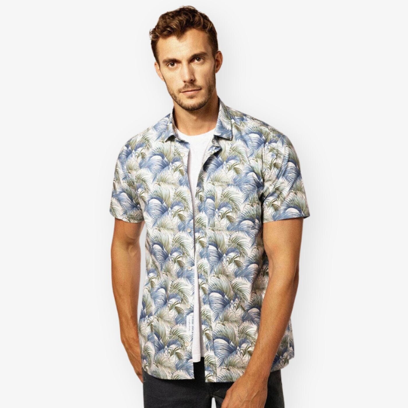 Camicia a maniche corte in popeline fantasia piante