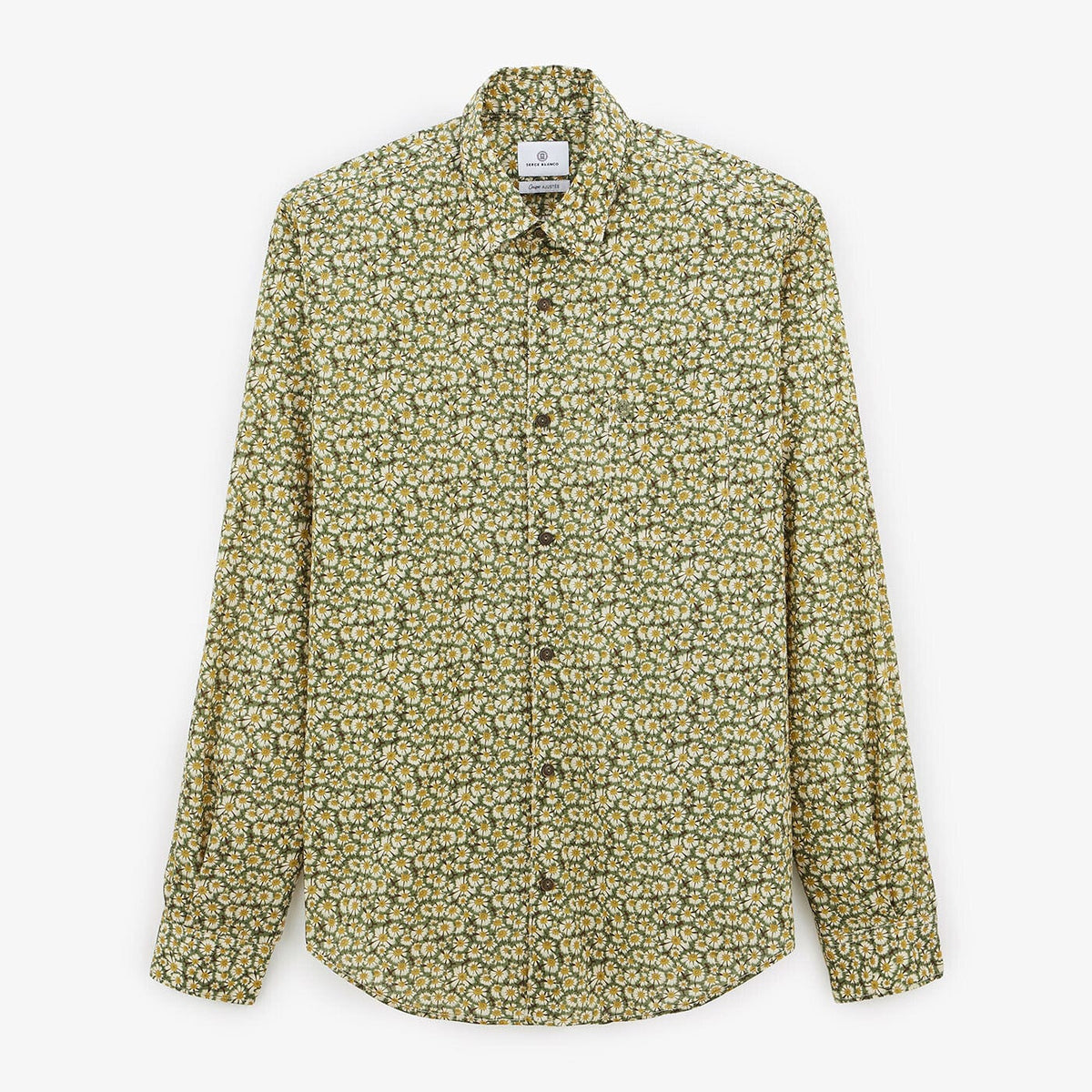 Camicia a maniche lunghe in cotone verde oliva con motivo a margherite