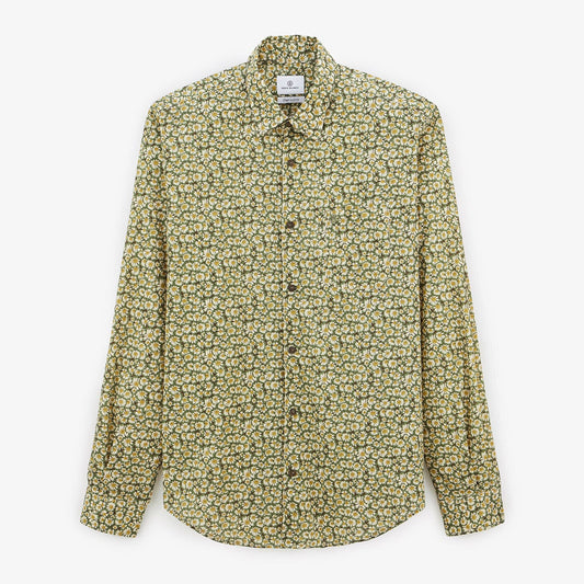 Camicia a maniche lunghe in cotone verde oliva con motivo a margherite